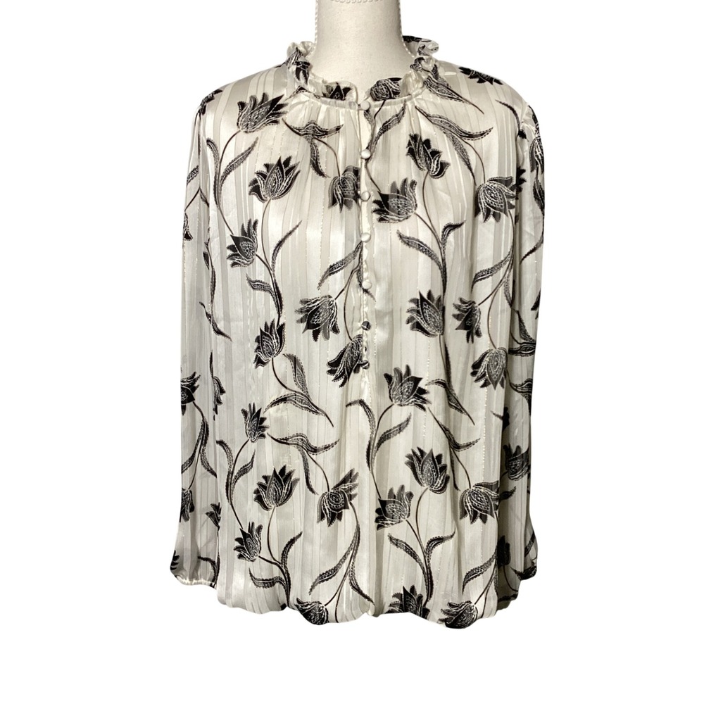 Haver + Blair London Floral Blouse Womens 1X White Black Metallic Stripe Top